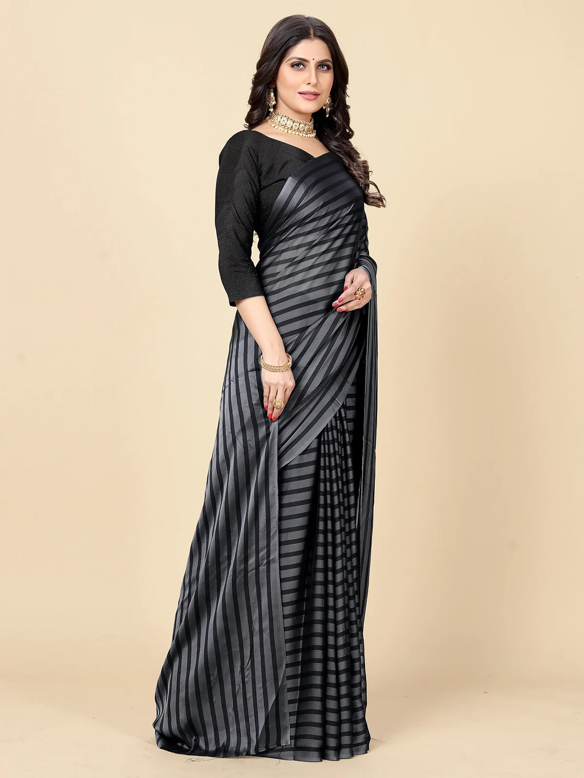 Buy Striped Georgette Saree With Blouse Piece-Grey