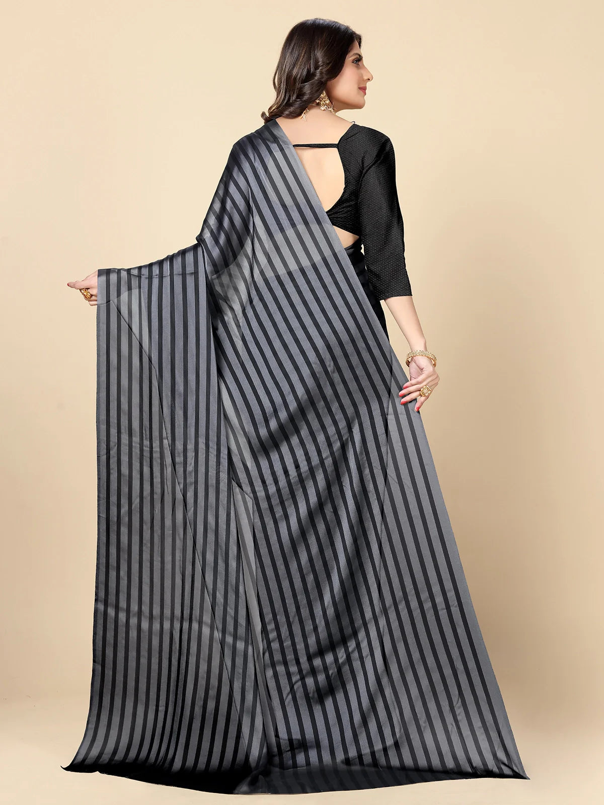 Buy Striped Georgette Saree With Blouse Piece-Grey