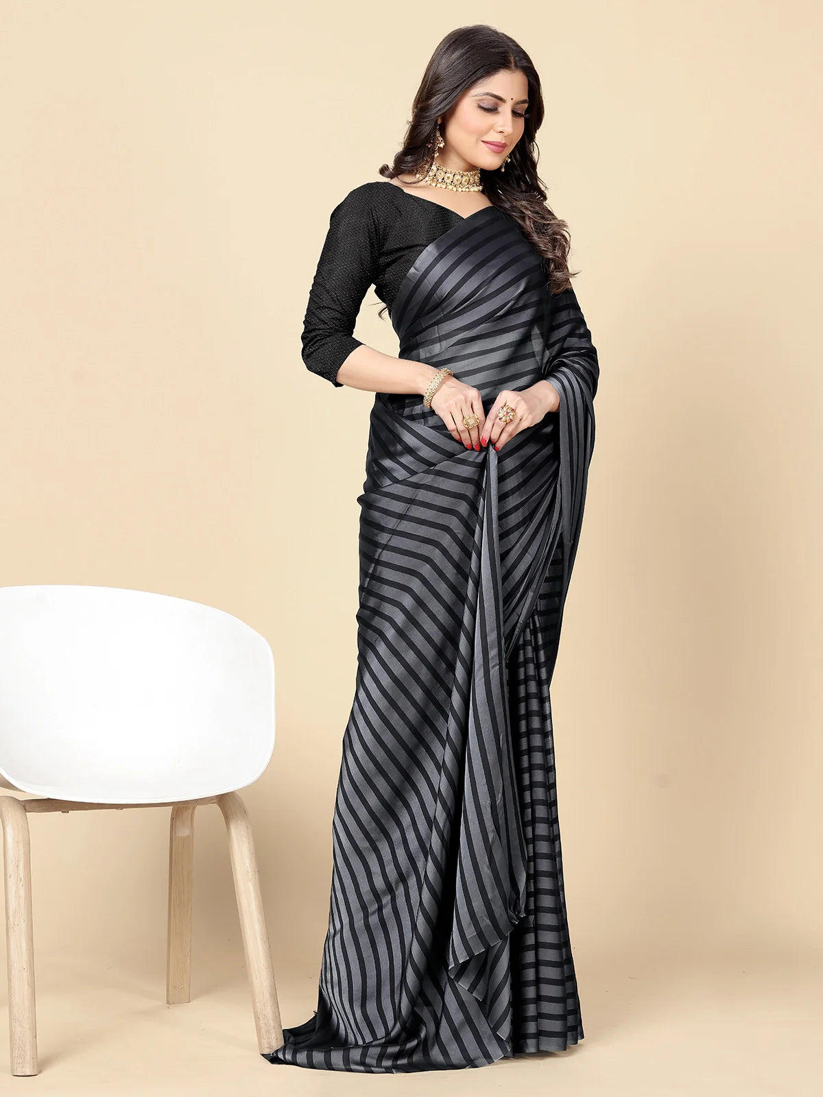 Buy Striped Georgette Saree With Blouse Piece-Grey