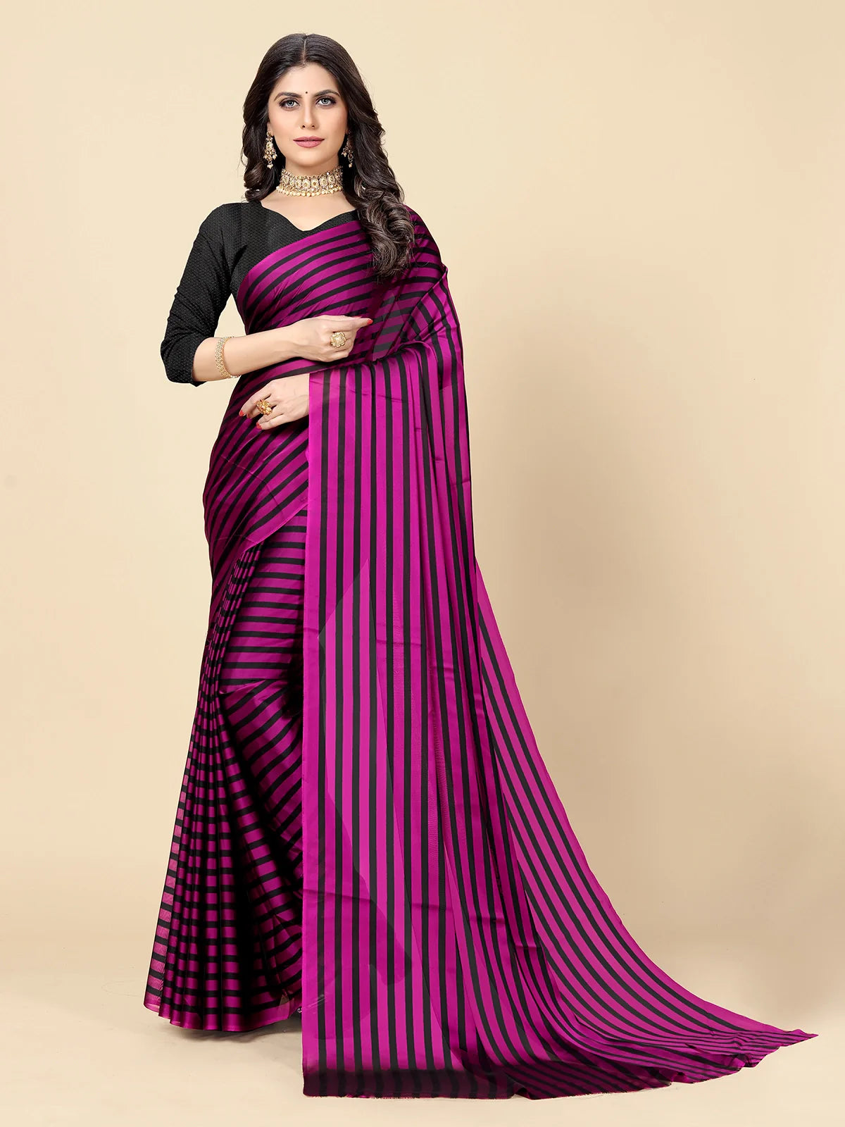 Buy Striped Georgette Saree With Blouse Piece-Purple