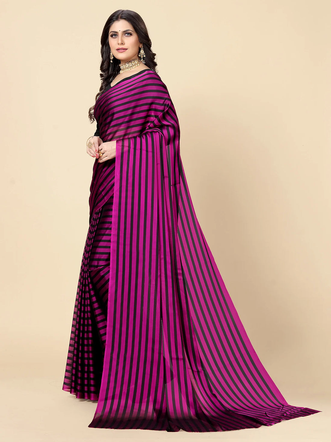 Buy Striped Georgette Saree With Blouse Piece-Purple