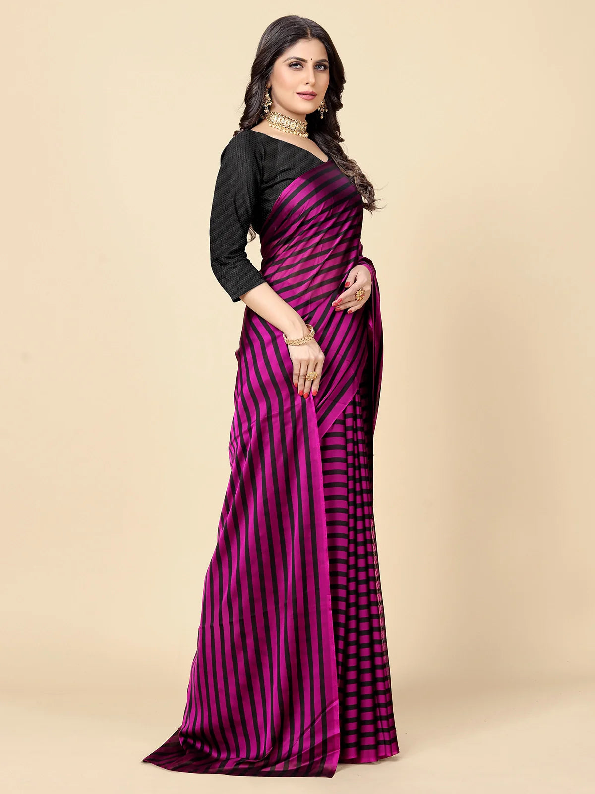 Buy Striped Georgette Saree With Blouse Piece-Purple