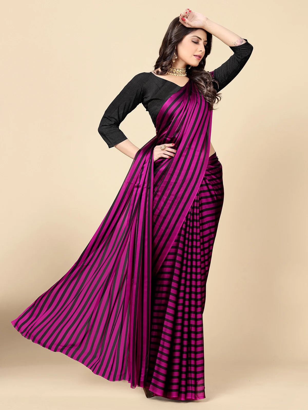 Buy Striped Georgette Saree With Blouse Piece-Purple