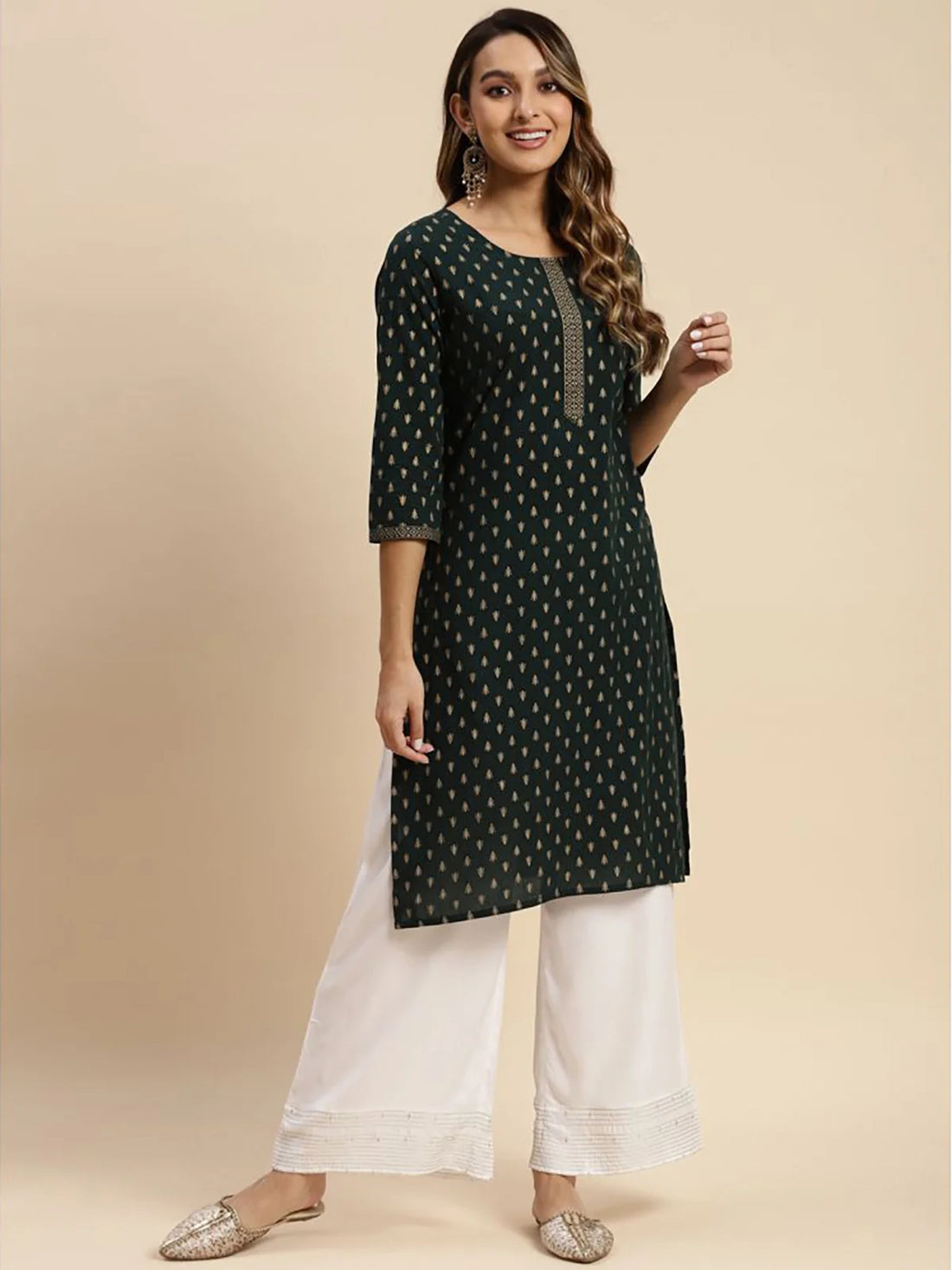 Buy Cotton All Over Gold Ethnic Printed Knee Length Straight Kurta-Green