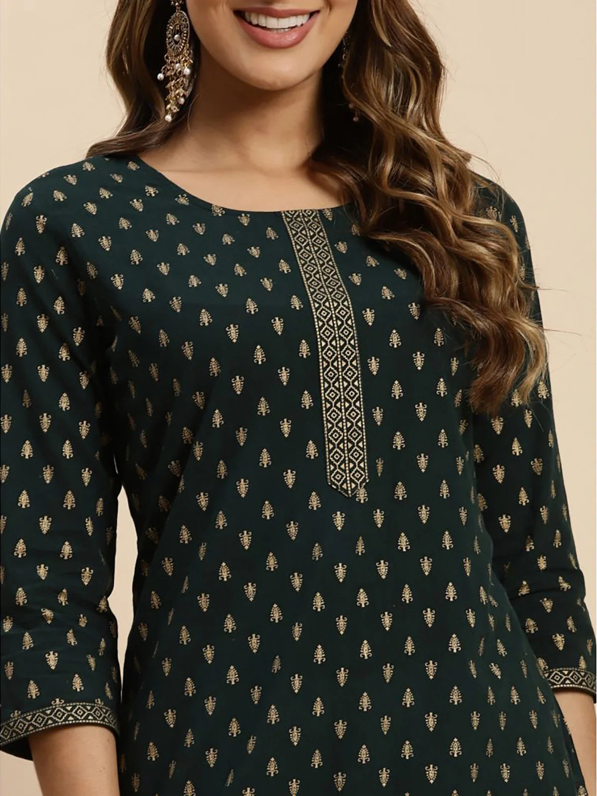 Buy Cotton All Over Gold Ethnic Printed Knee Length Straight Kurta-Green