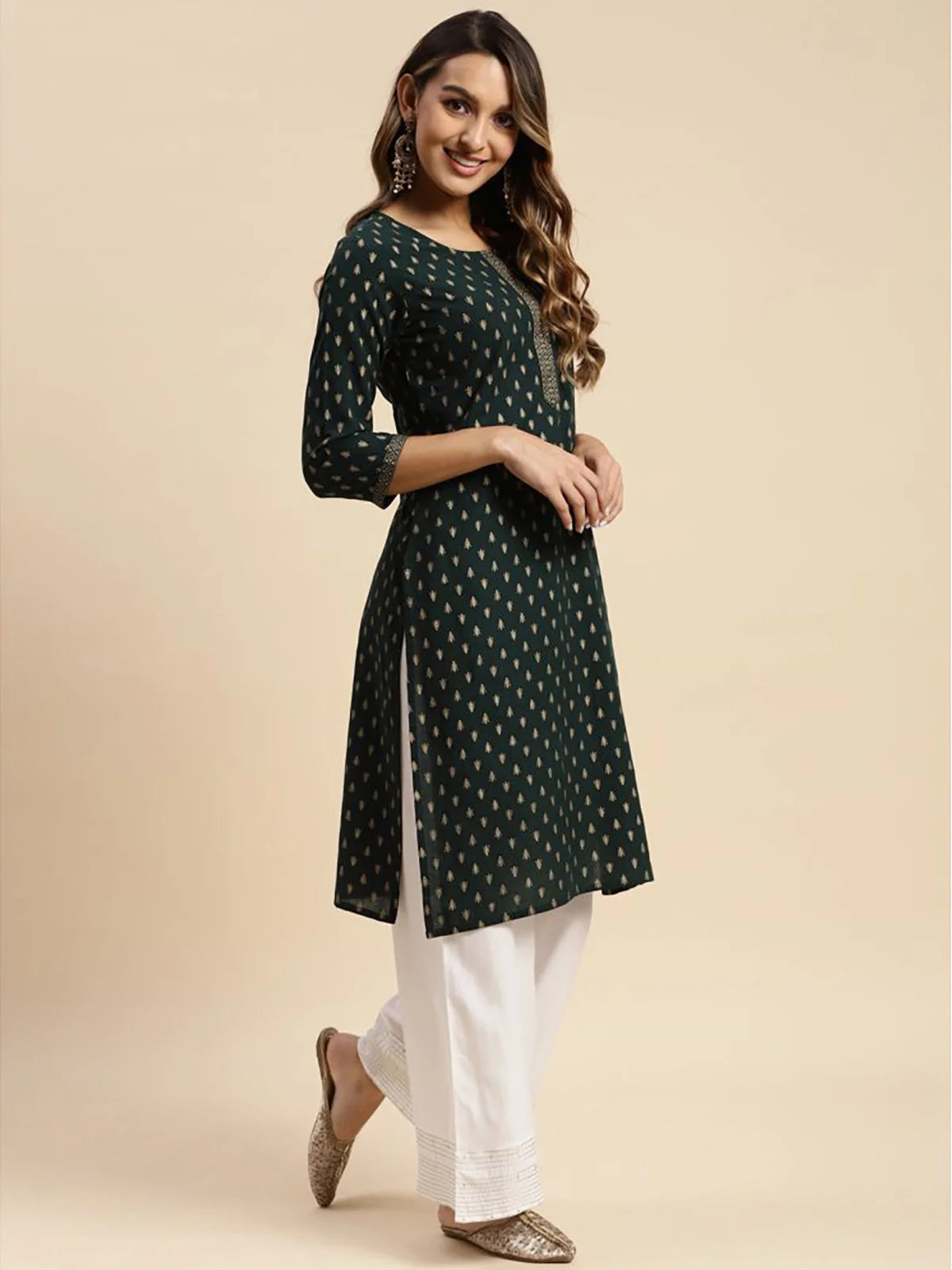 Buy Cotton All Over Gold Ethnic Printed Knee Length Straight Kurta-Green