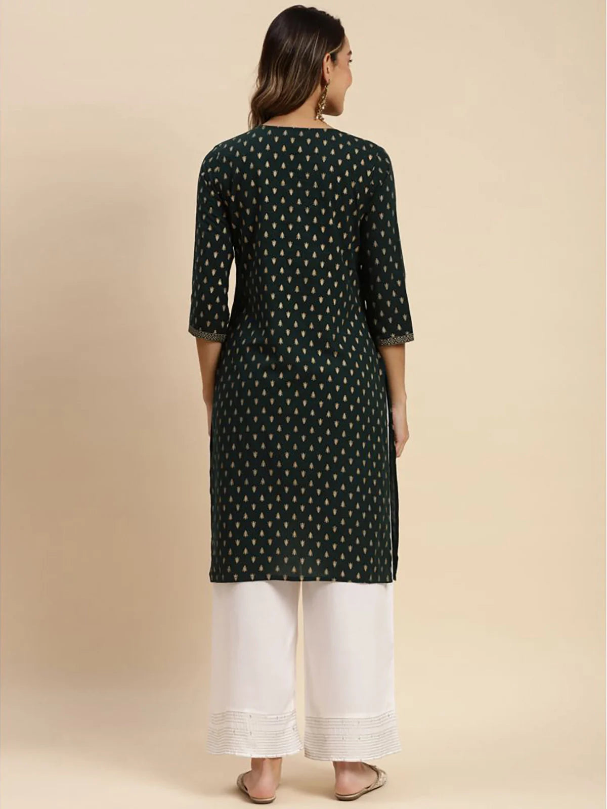 Buy Cotton All Over Gold Ethnic Printed Knee Length Straight Kurta-Green