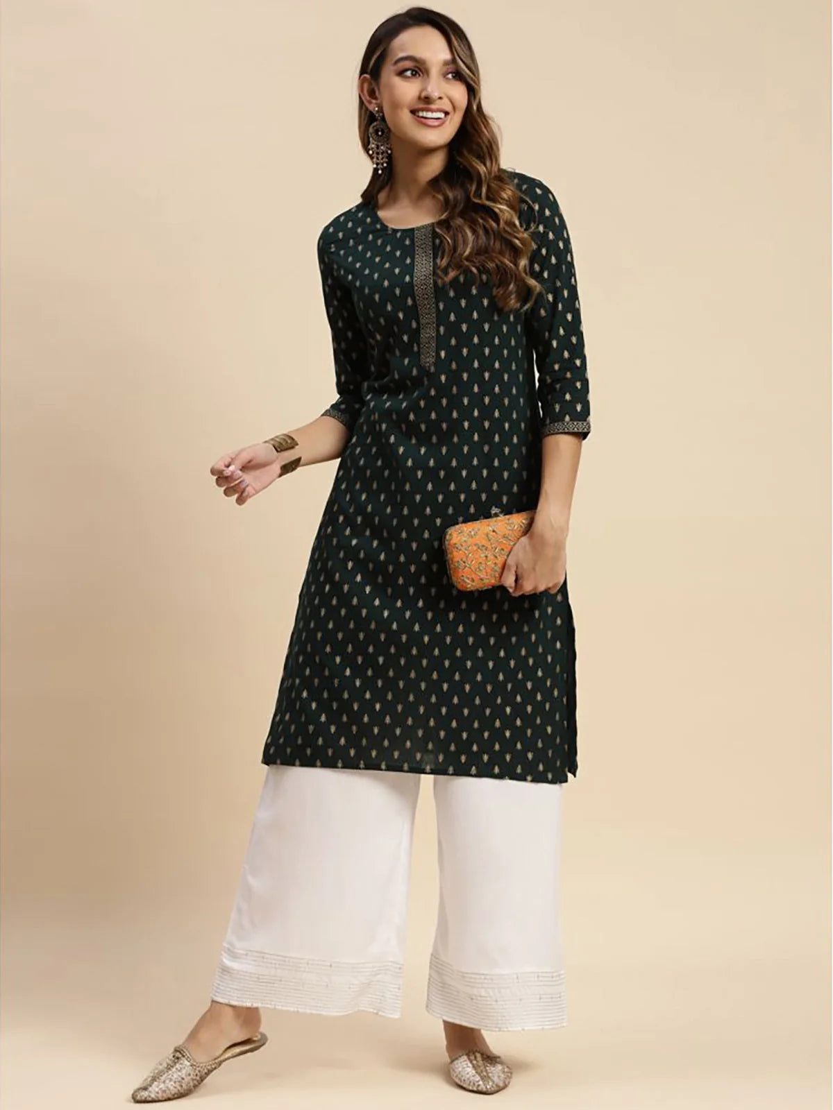 Buy Cotton All Over Gold Ethnic Printed Knee Length Straight Kurta-Green