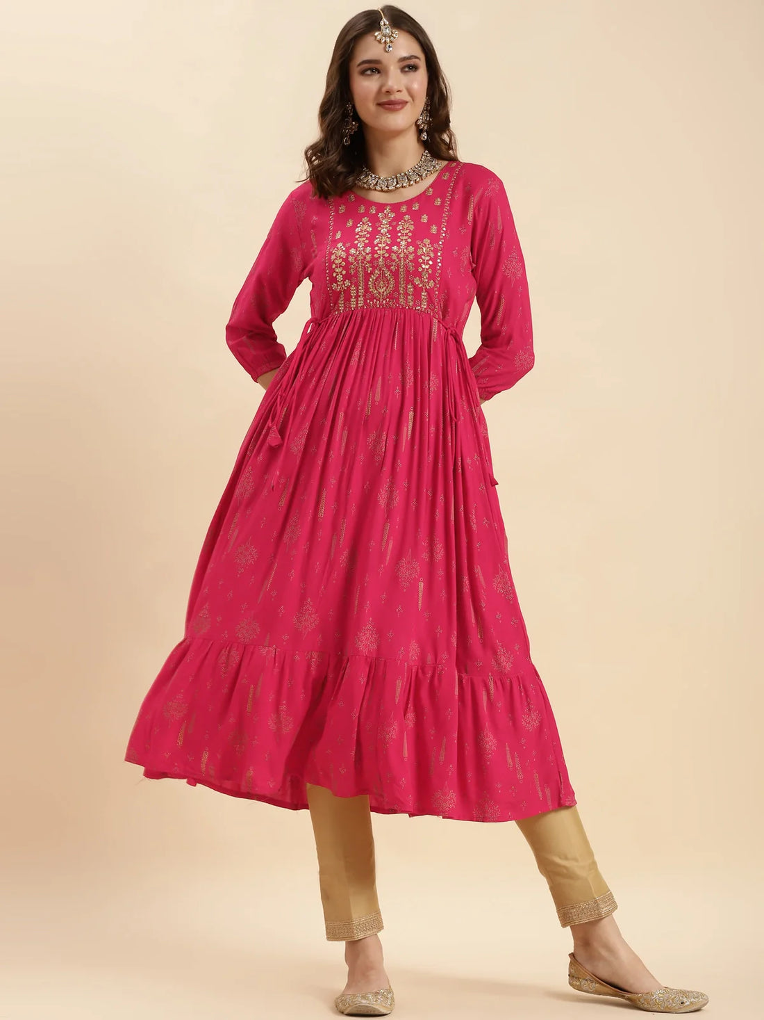 Buy Rayon Embroidered Calf Length Anarkali Kurta-Pink