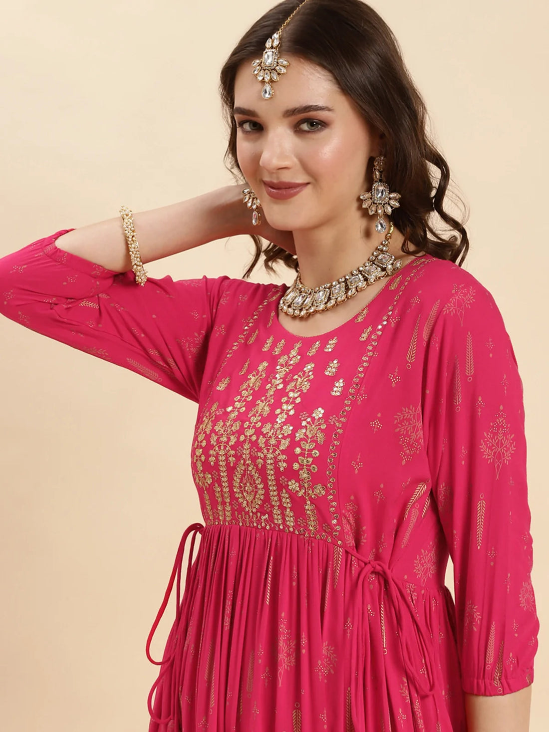 Buy Rayon Embroidered Calf Length Anarkali Kurta-Pink