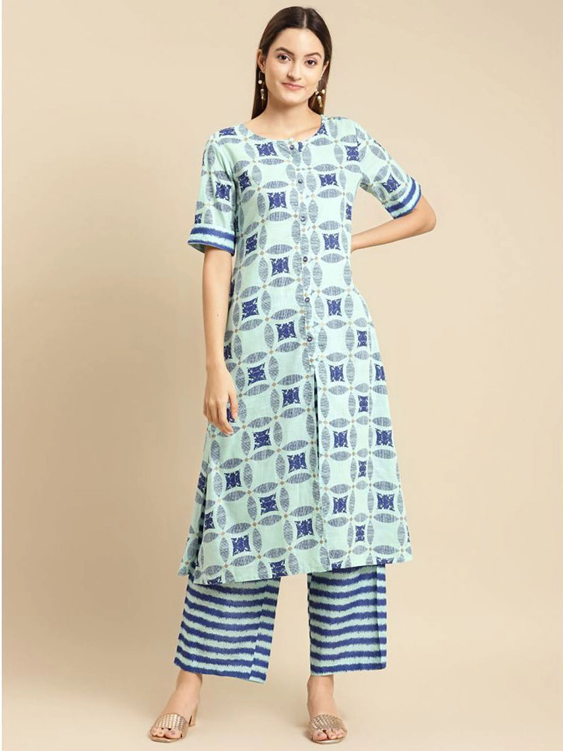 Buy 100% Cotton Printed Calf Length A-line Kurta With Palazzo-Blue