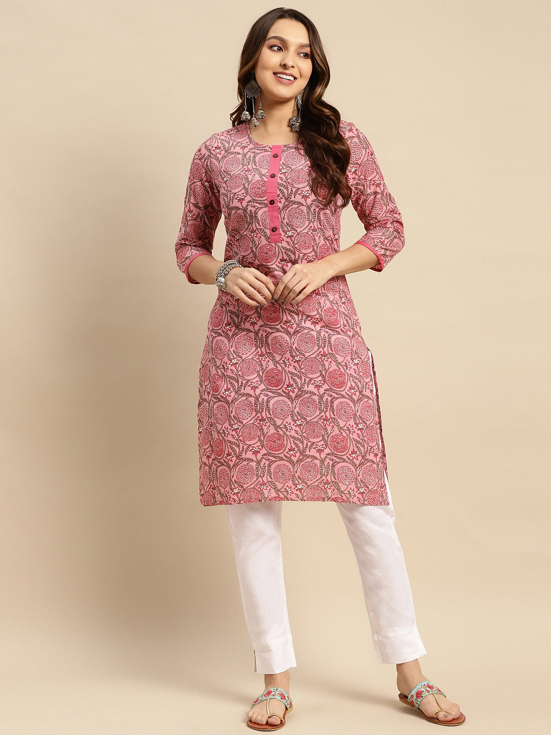 Buy 100% Cotton Jaipuri Printed Knee Length Straight Kurta-Pink