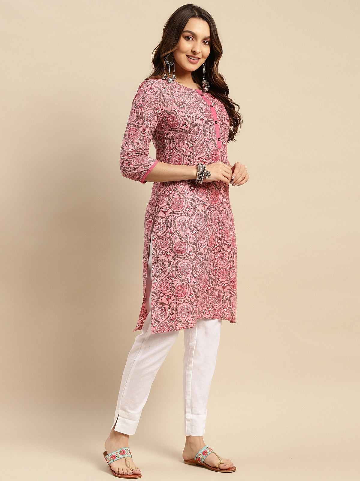 Buy 100% Cotton Jaipuri Printed Knee Length Straight Kurta-Pink