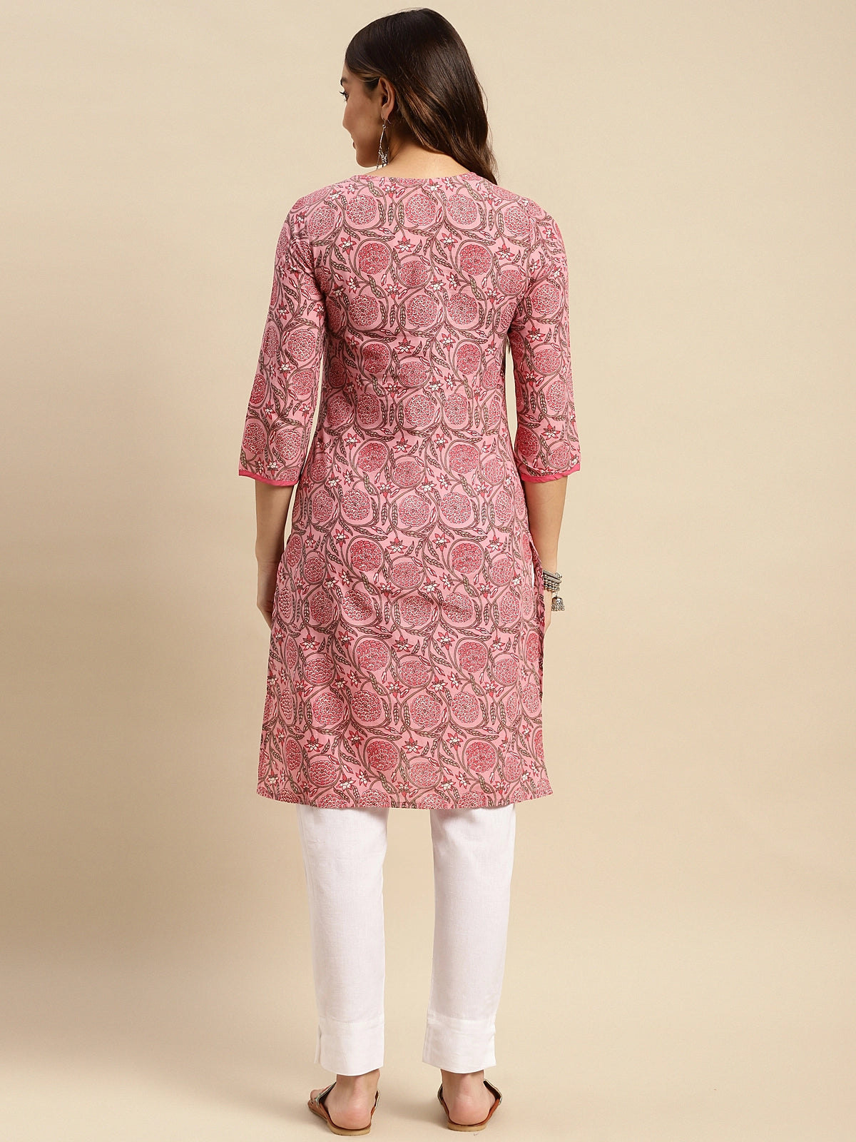 Buy 100% Cotton Jaipuri Printed Knee Length Straight Kurta-Pink