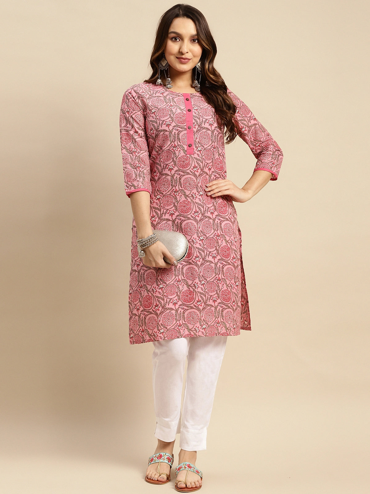 Buy 100% Cotton Jaipuri Printed Knee Length Straight Kurta-Pink