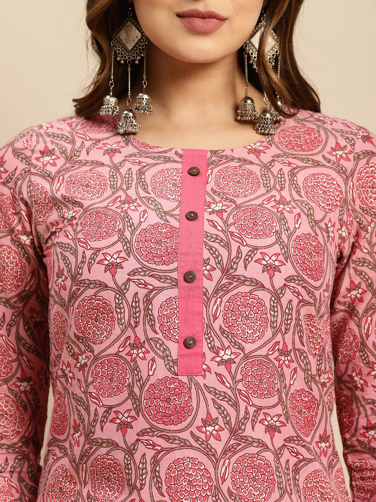 Buy 100% Cotton Jaipuri Printed Knee Length Straight Kurta-Pink