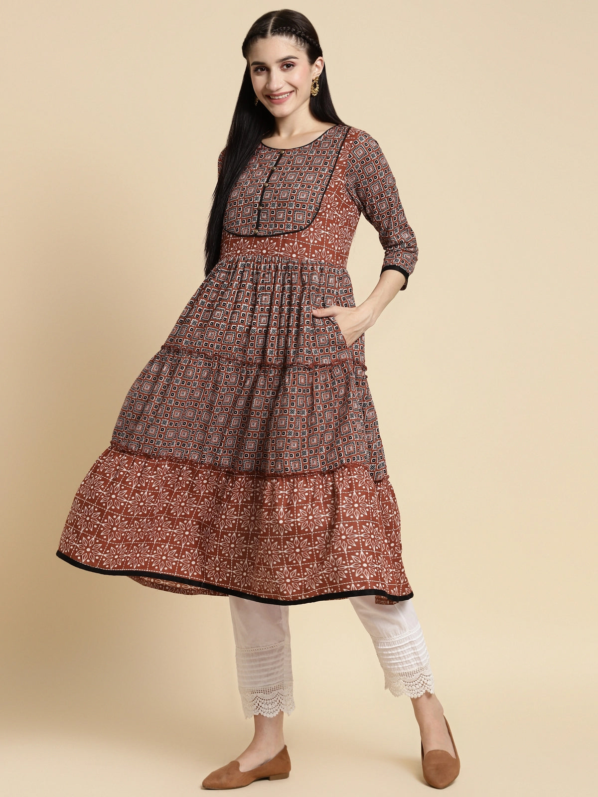 Buy 100% Cotton Ethnic Printed Calf Length Flared Tiered Kurta With Pockets-Rust