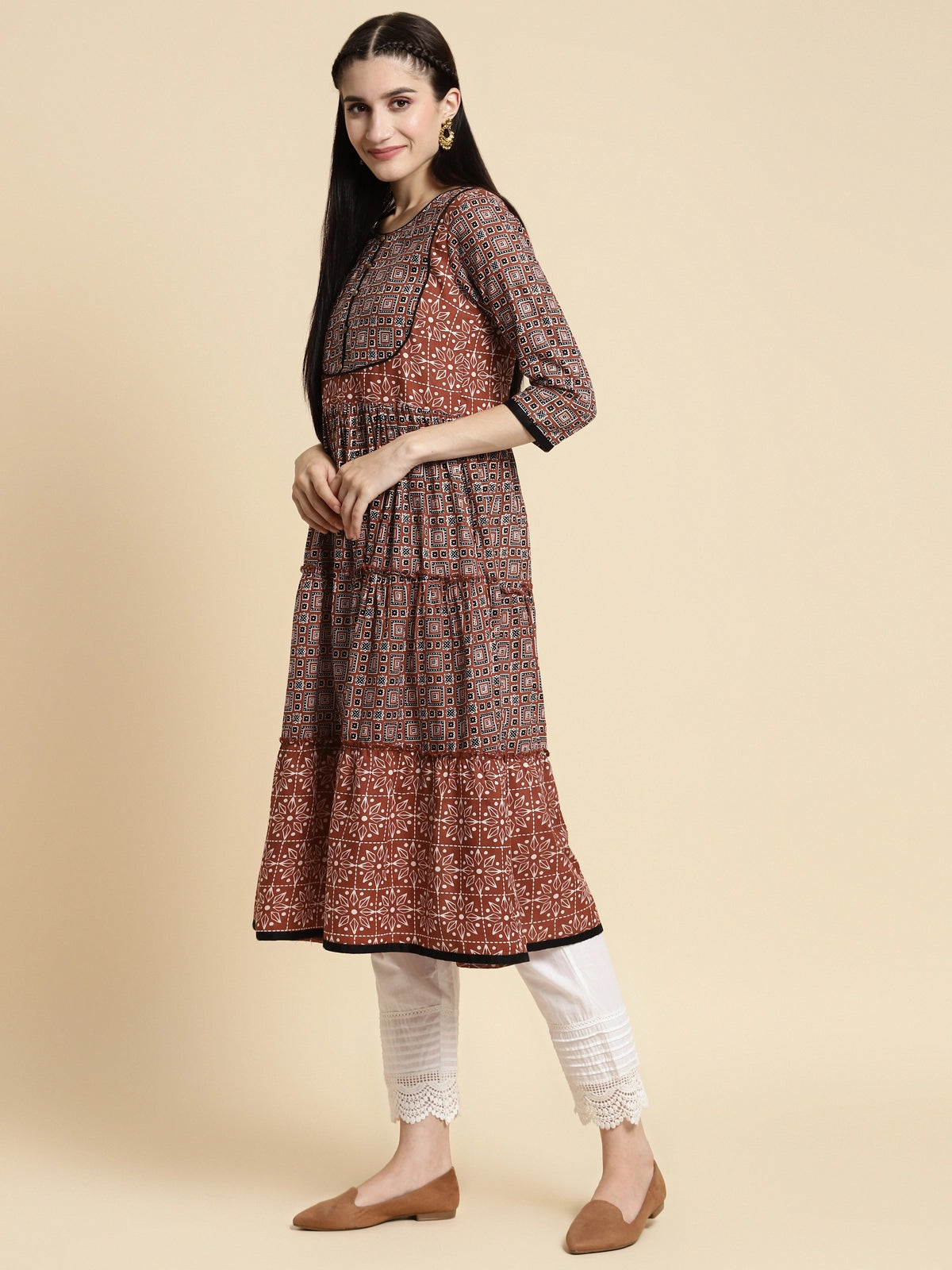 Buy 100% Cotton Ethnic Printed Calf Length Flared Tiered Kurta With Pockets-Rust