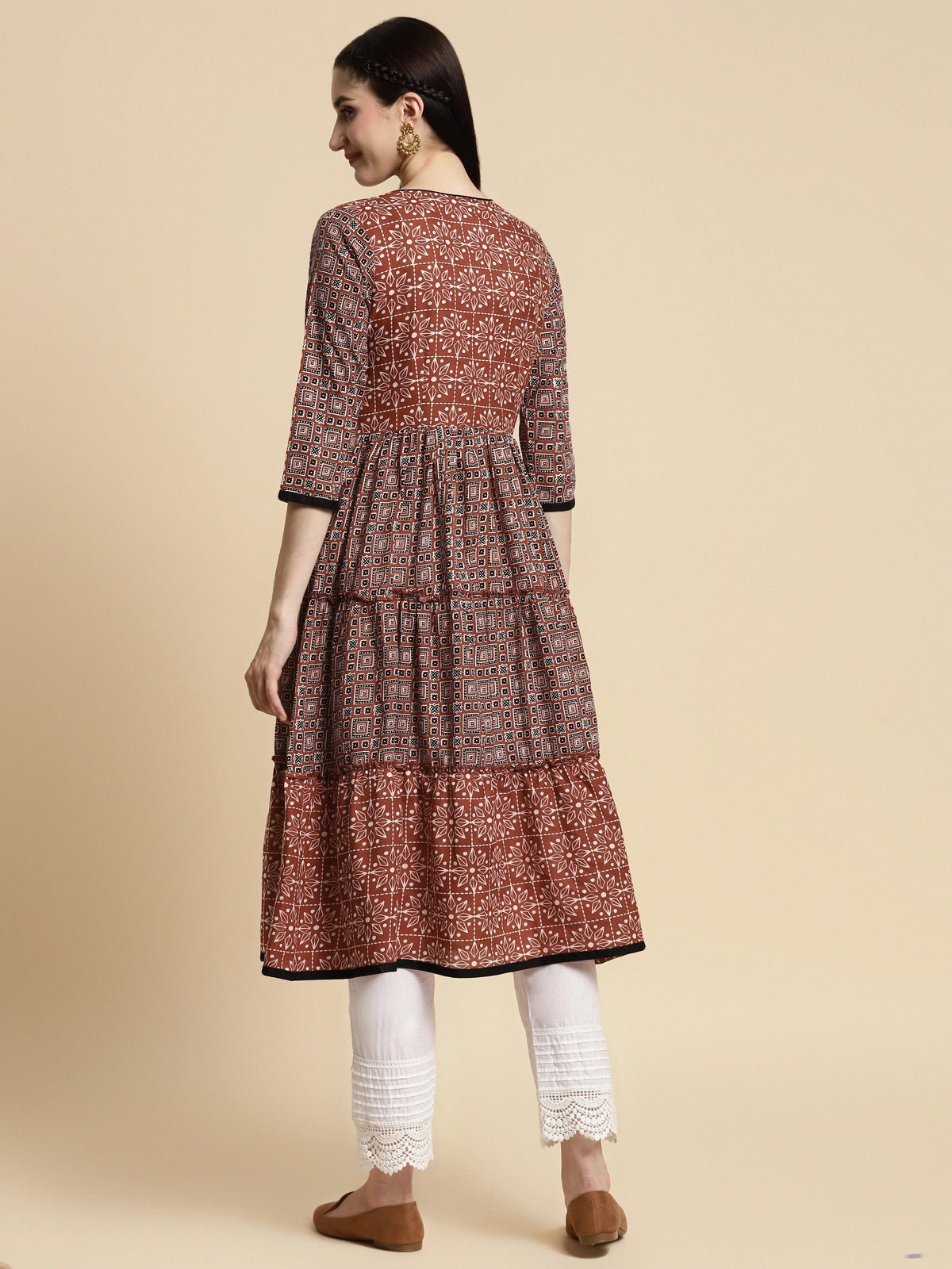 Buy 100% Cotton Ethnic Printed Calf Length Flared Tiered Kurta With Pockets-Rust