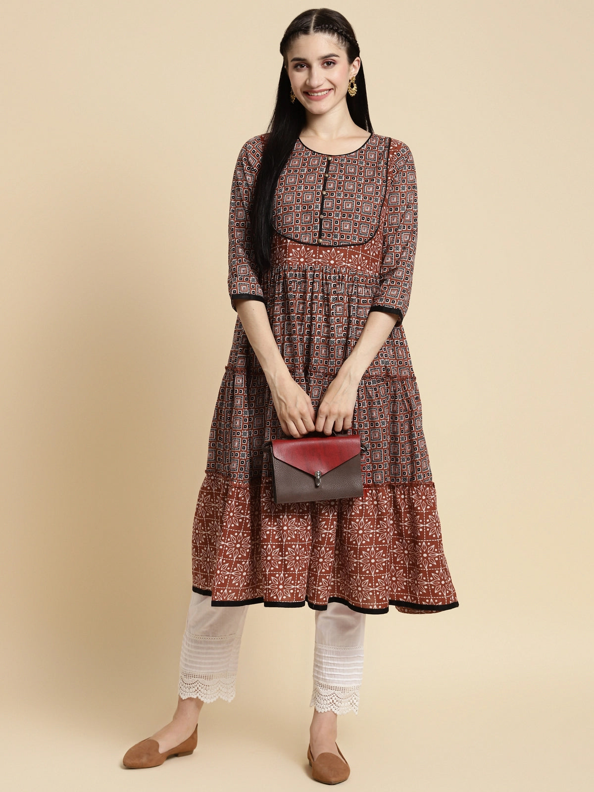 Buy 100% Cotton Ethnic Printed Calf Length Flared Tiered Kurta With Pockets-Rust