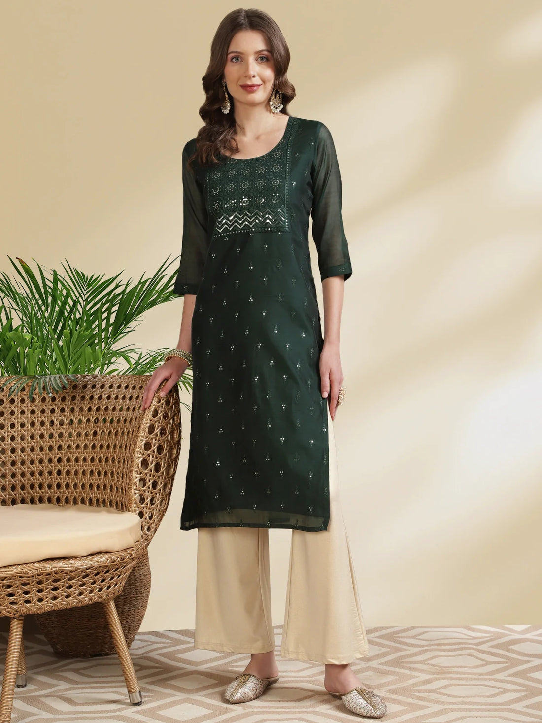 Buy Chanderi Embroidered Calf Length Straight Kurta-Green