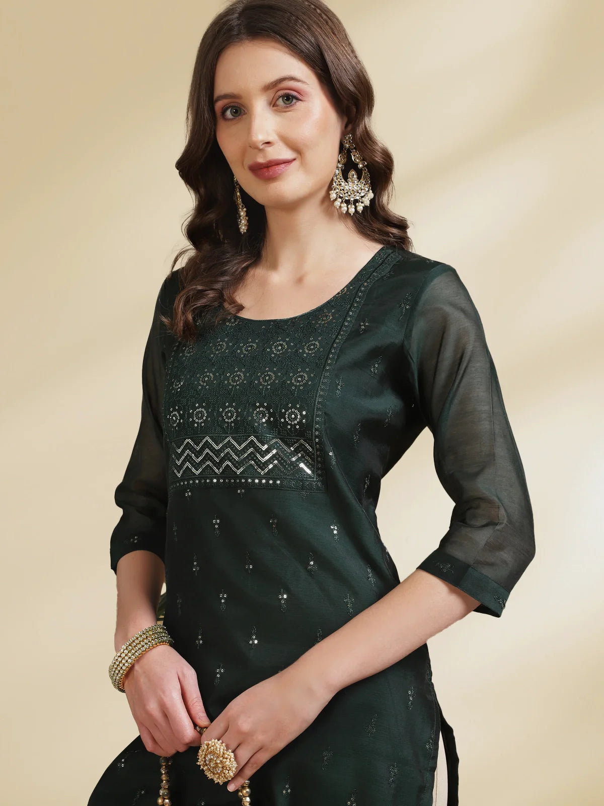 Buy Chanderi Embroidered Calf Length Straight Kurta-Green