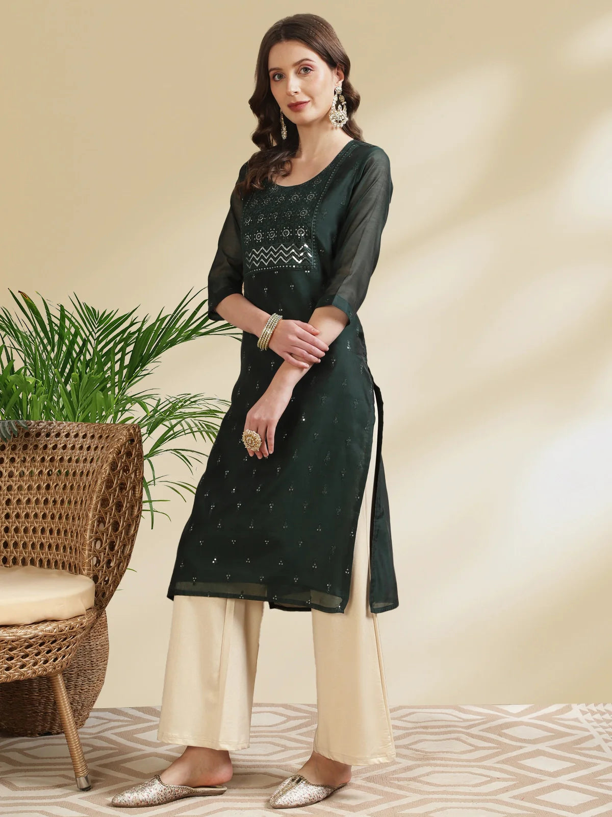 Buy Chanderi Embroidered Calf Length Straight Kurta-Green