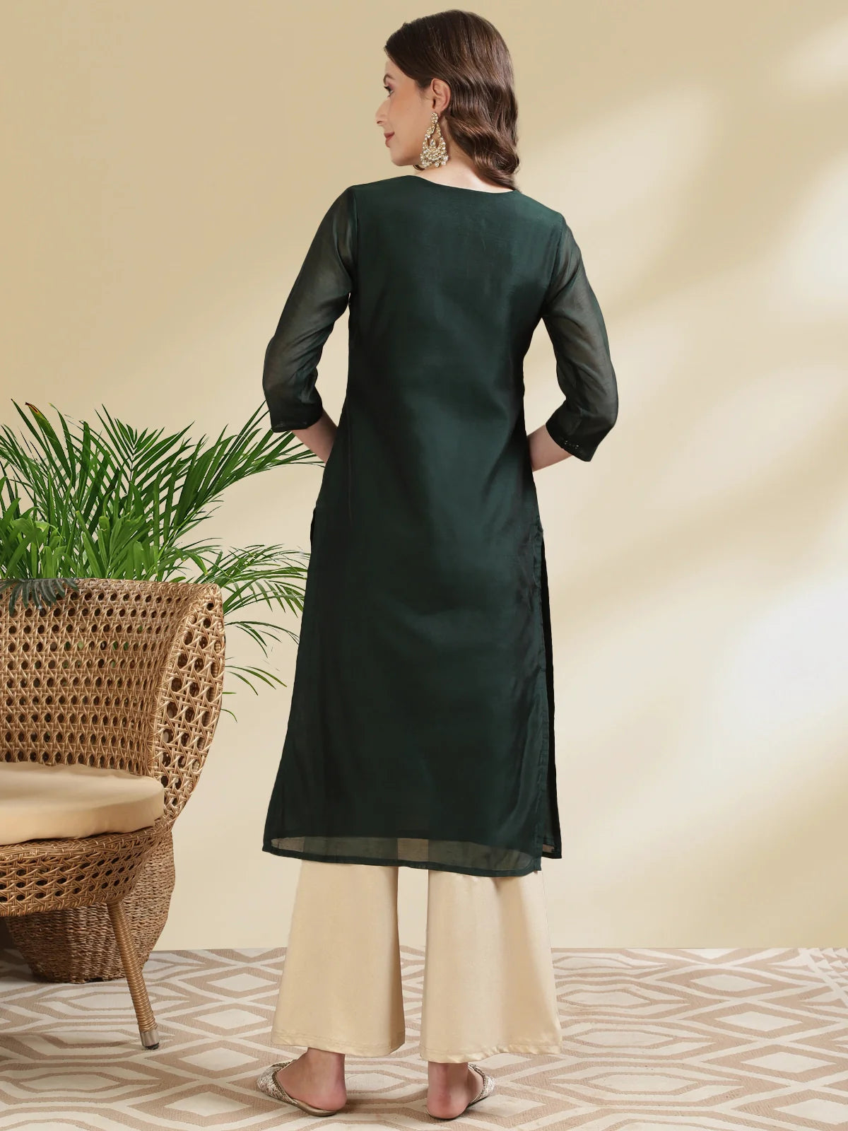 Buy Chanderi Embroidered Calf Length Straight Kurta-Green