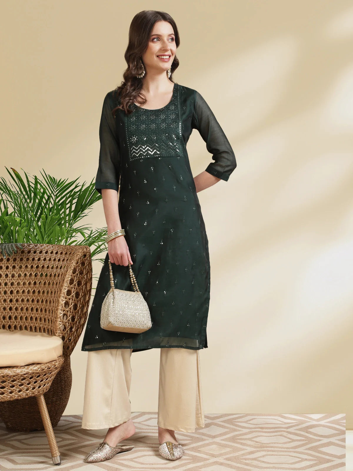 Buy Chanderi Embroidered Calf Length Straight Kurta-Green