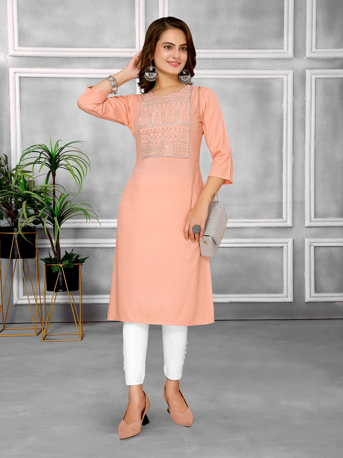 Buy Rayon Embroidered Knee Length Straight Kurta-Peach