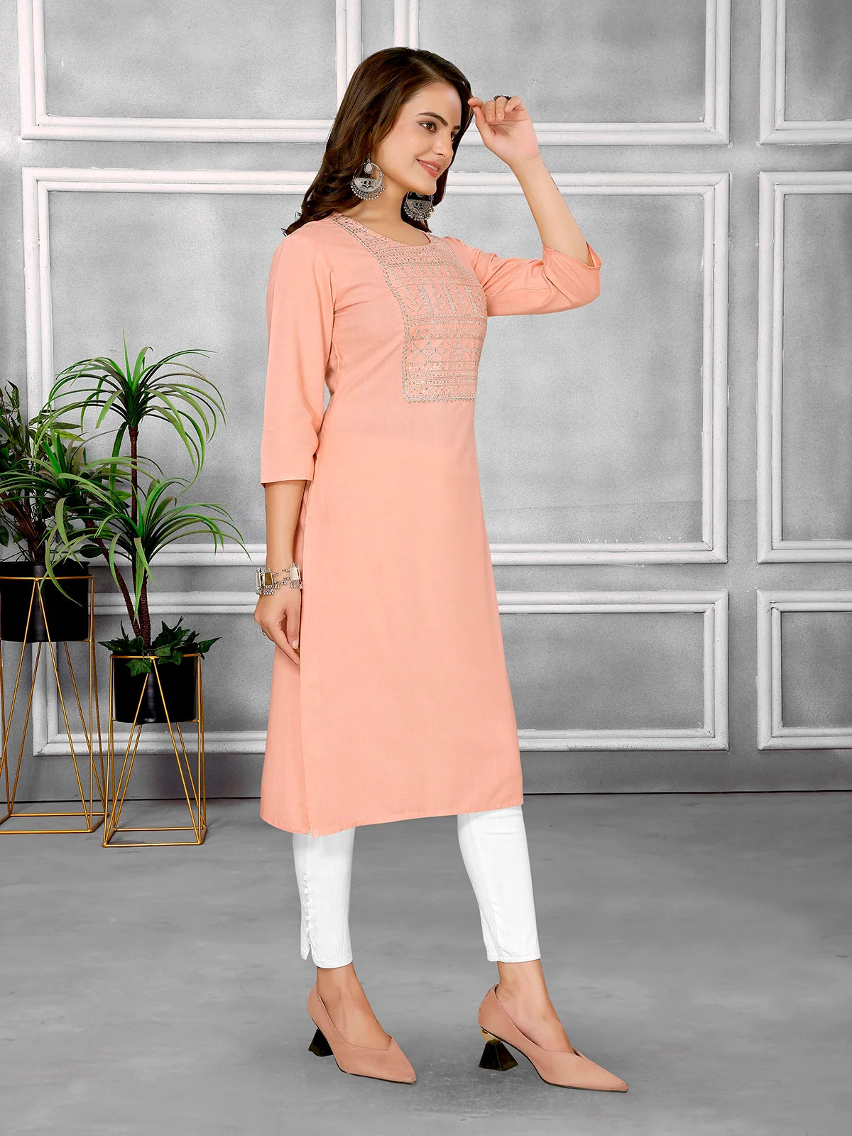 Buy Rayon Embroidered Knee Length Straight Kurta-Peach