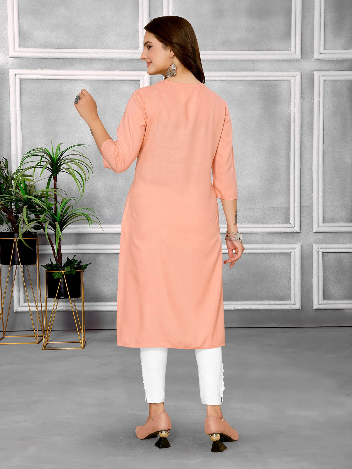 Buy Rayon Embroidered Knee Length Straight Kurta-Peach