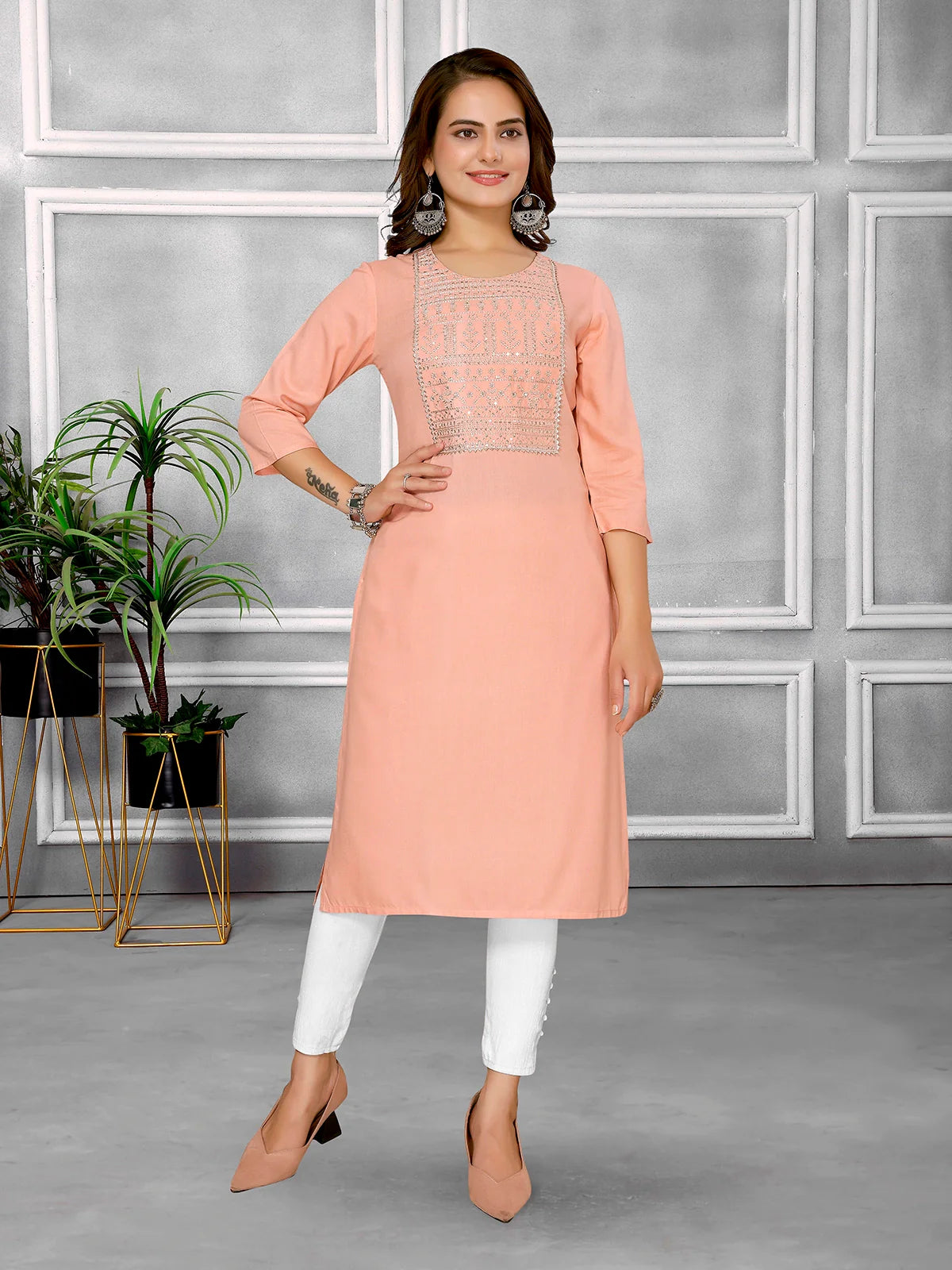 Buy Rayon Embroidered Knee Length Straight Kurta-Peach