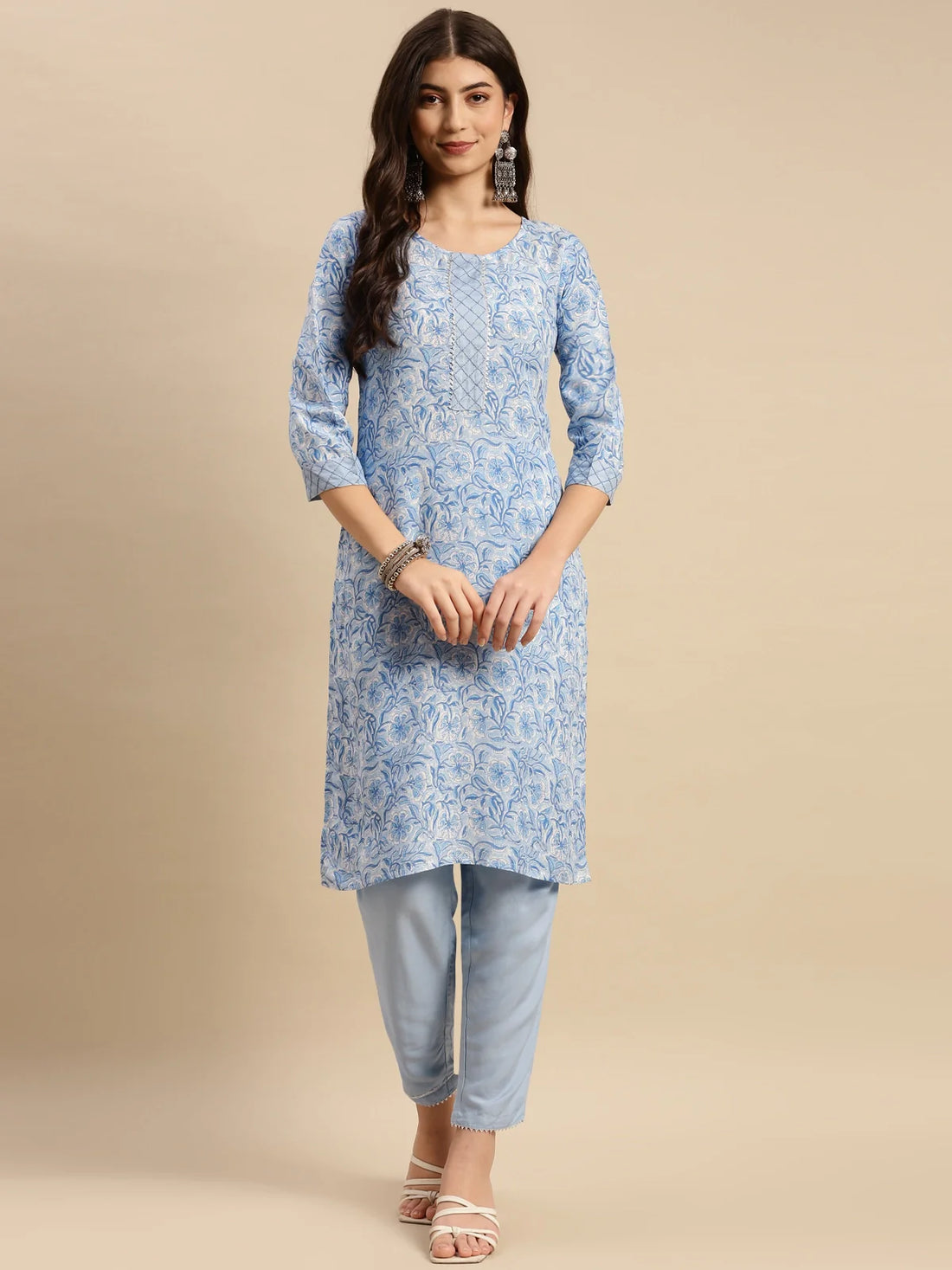 Buy Rayon Floral Printed Knee Length Straight Kurta With Pant-Light Blue