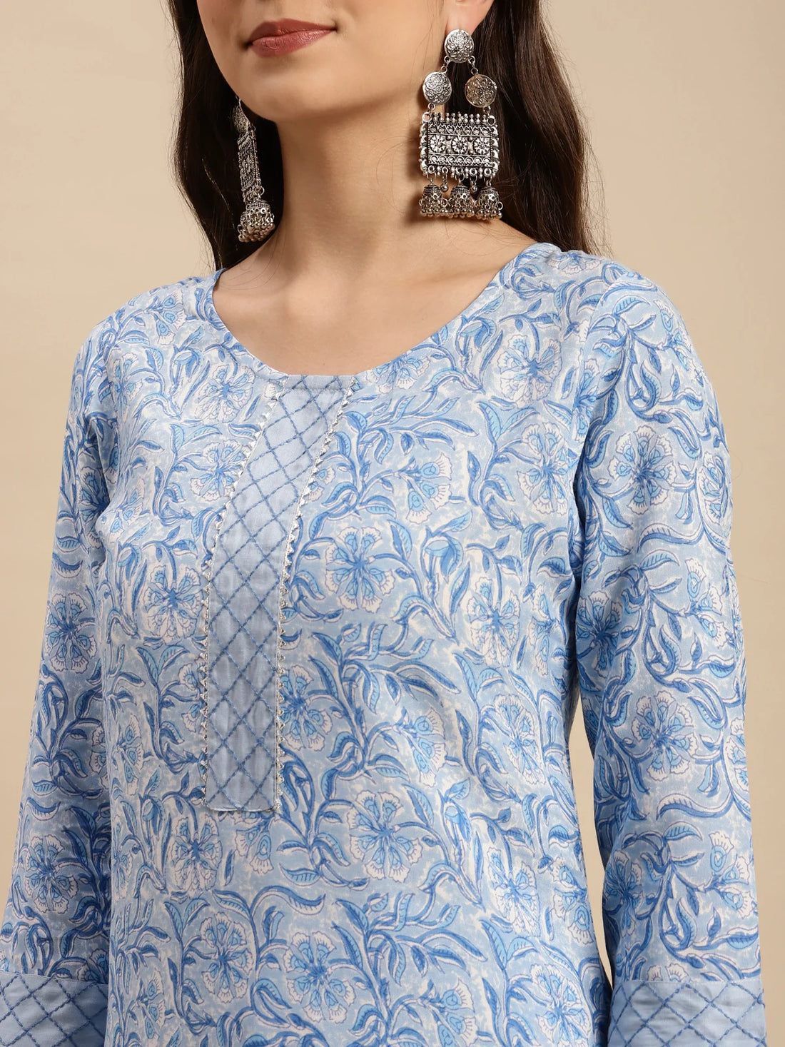 Buy Rayon Floral Printed Knee Length Straight Kurta With Pant-Light Blue