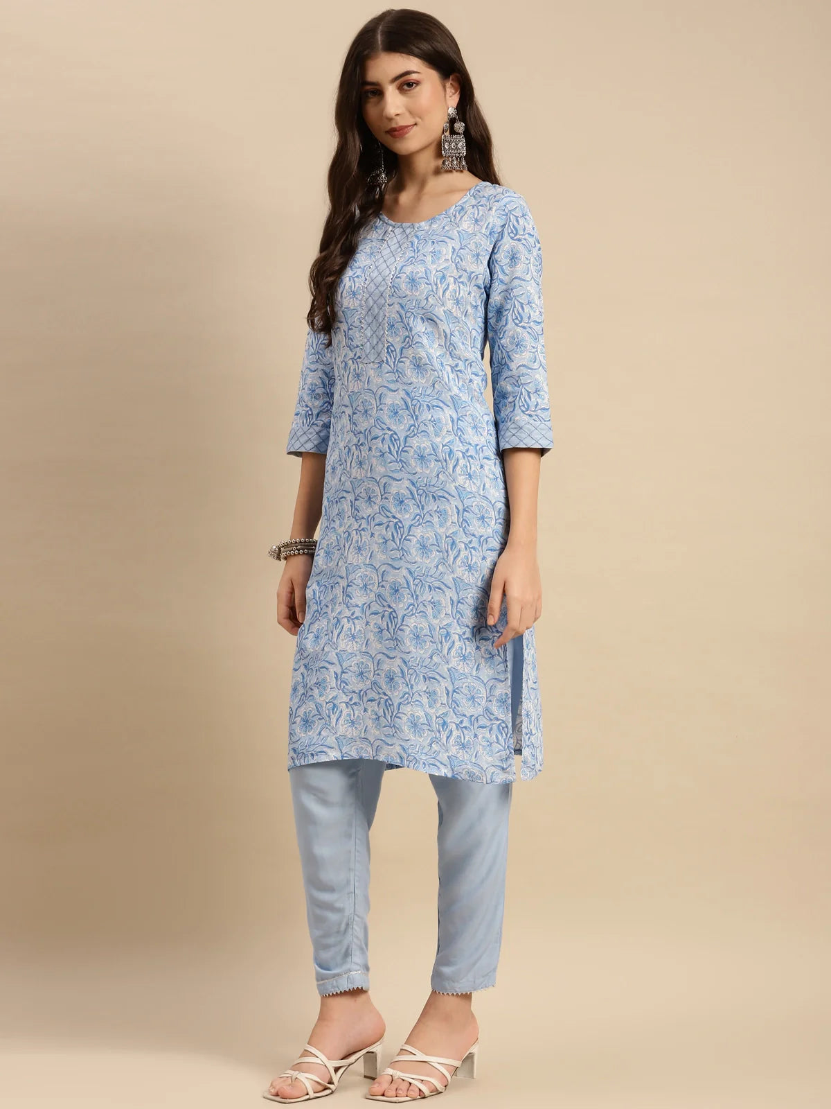 Buy Rayon Floral Printed Knee Length Straight Kurta With Pant-Light Blue