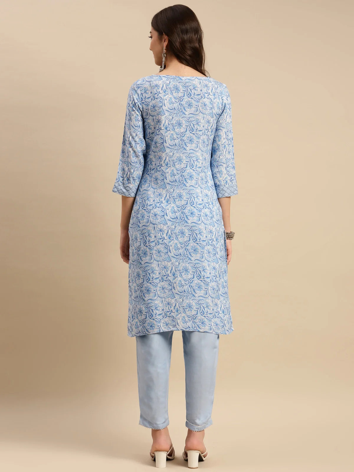 Buy Rayon Floral Printed Knee Length Straight Kurta With Pant-Light Blue