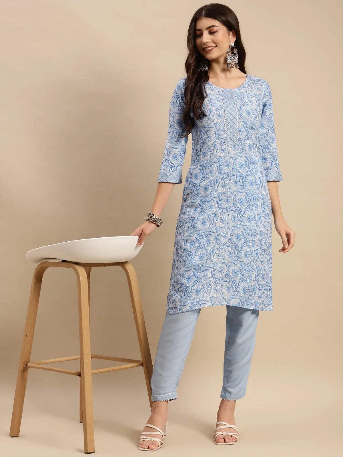 Buy Rayon Floral Printed Knee Length Straight Kurta With Pant-Light Blue