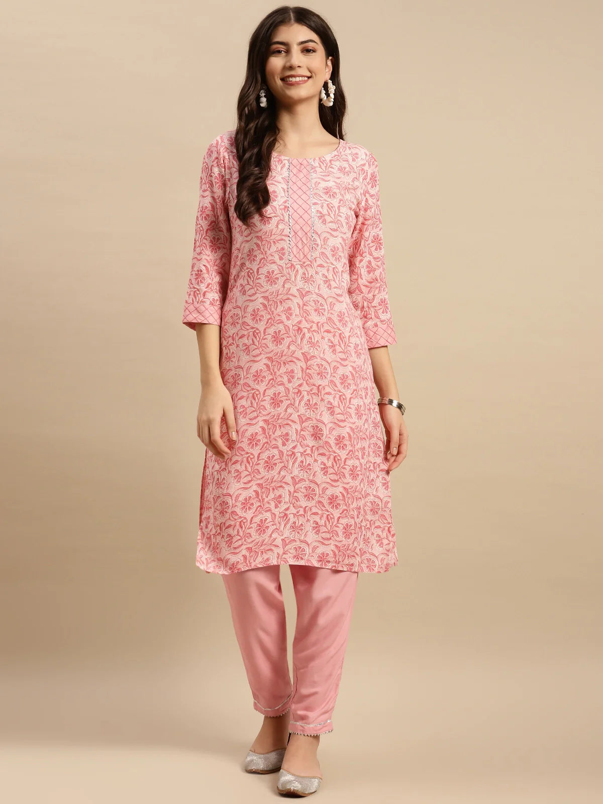 Buy Rayon Floral Printed Knee Length Straight Kurta With Pant-Peach