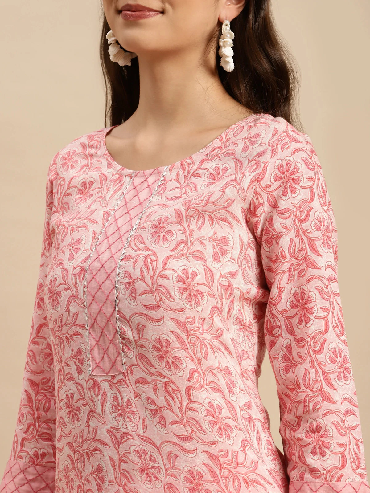 Buy Rayon Floral Printed Knee Length Straight Kurta With Pant-Peach