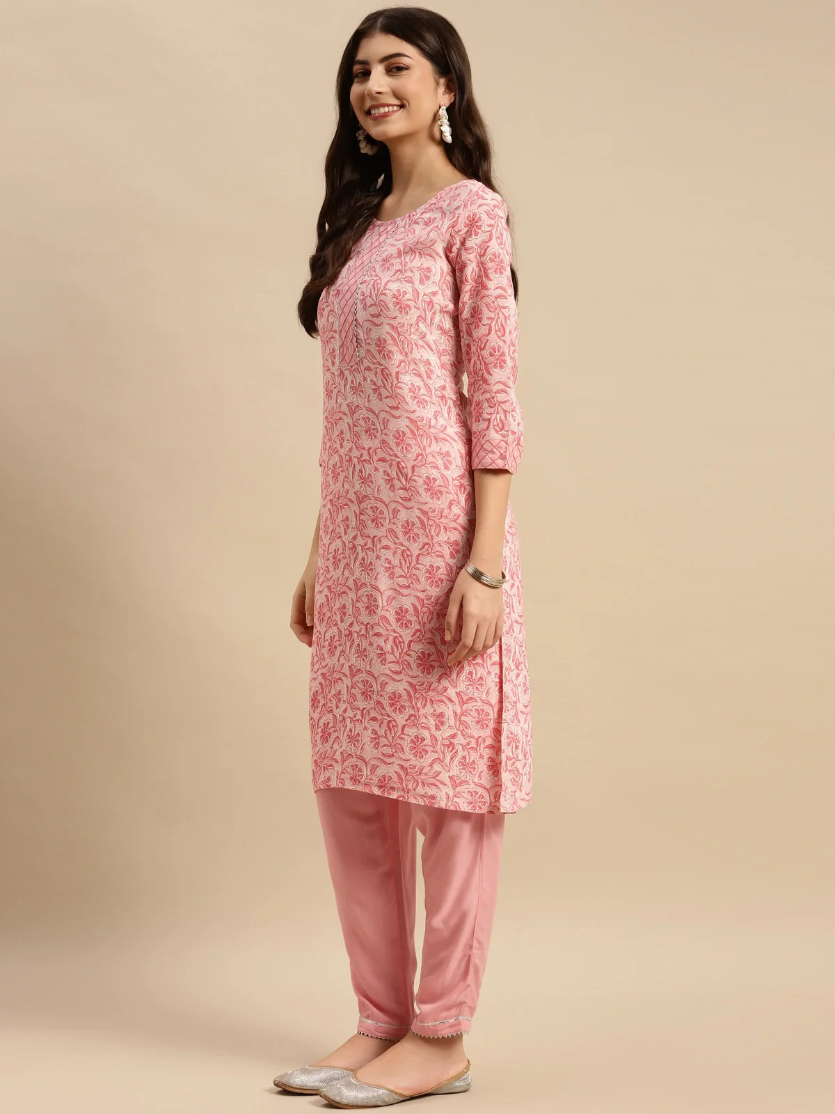 Buy Rayon Floral Printed Knee Length Straight Kurta With Pant-Peach