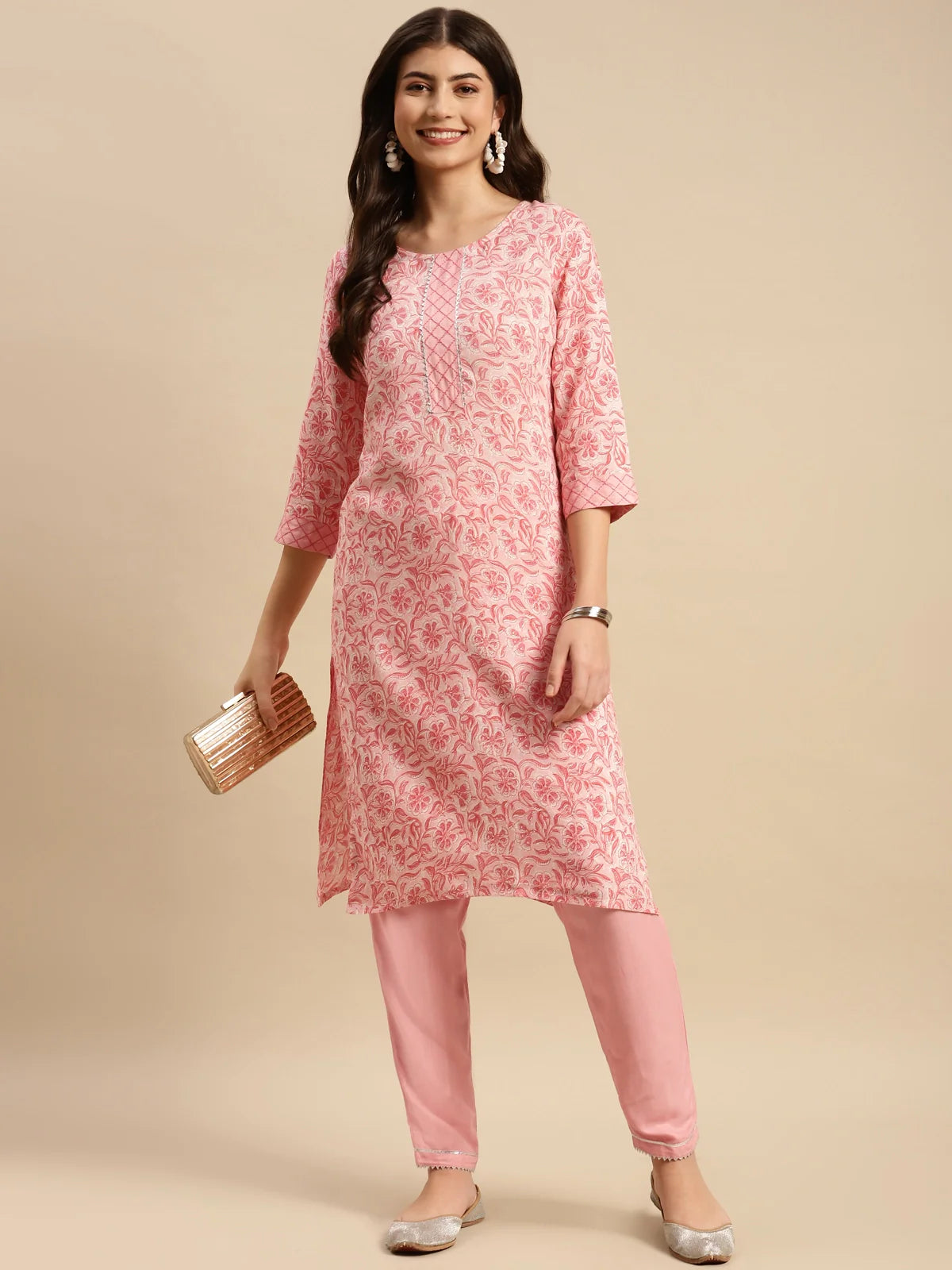 Buy Rayon Floral Printed Knee Length Straight Kurta With Pant-Peach