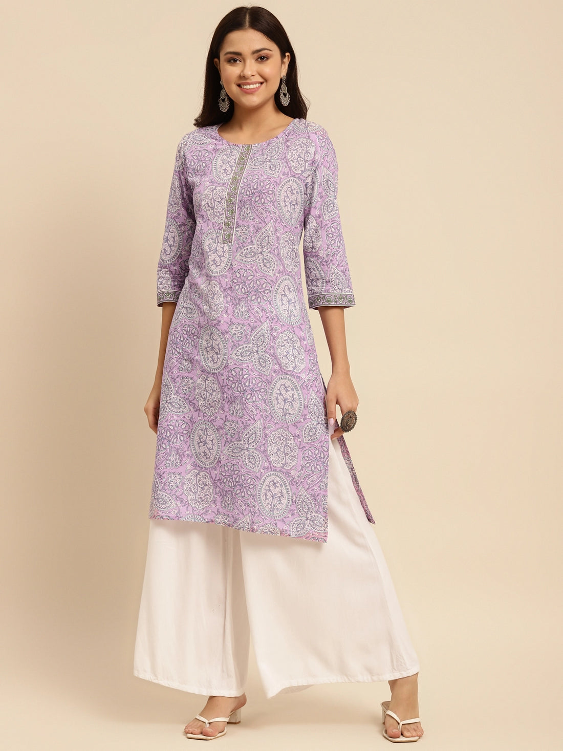 Buy 100% Cotton Jaipuri Printed Knee Length Straight Kurta-Purple