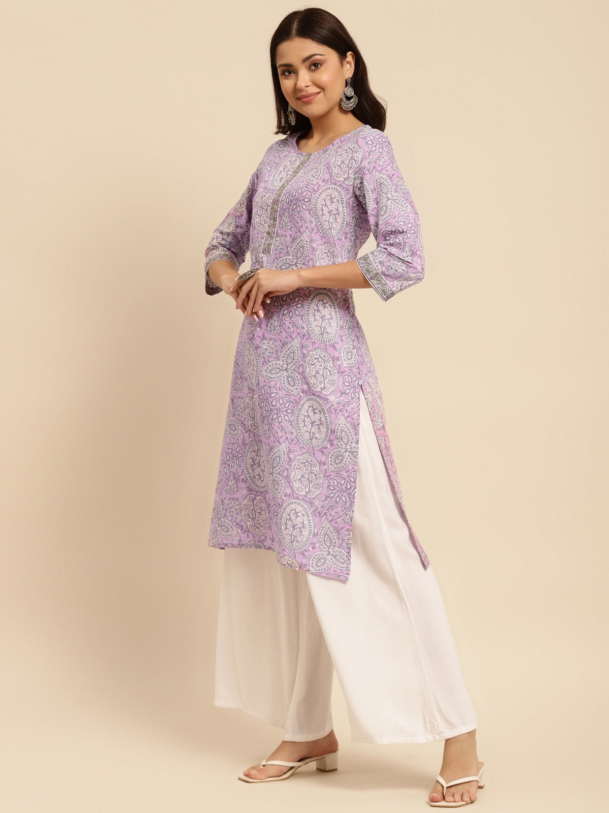 Buy 100% Cotton Jaipuri Printed Knee Length Straight Kurta-Purple