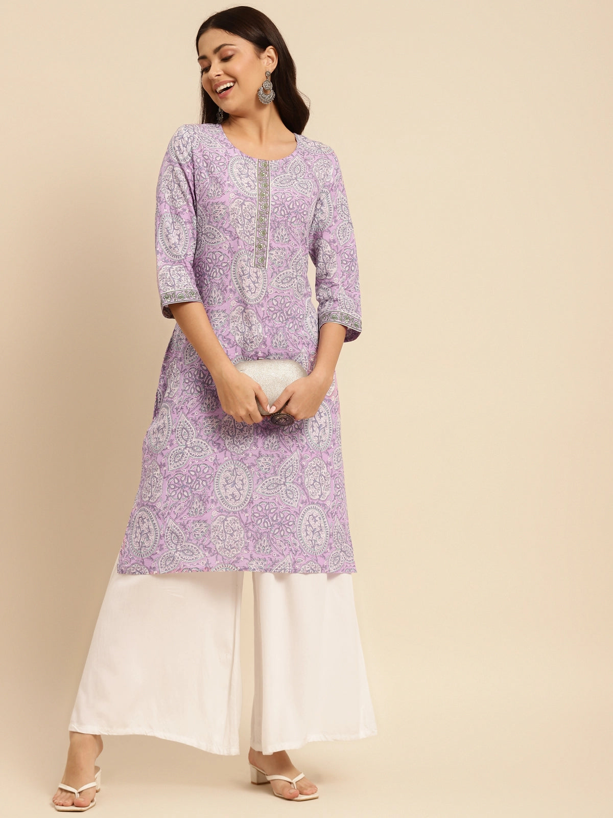 Buy 100% Cotton Jaipuri Printed Knee Length Straight Kurta-Purple