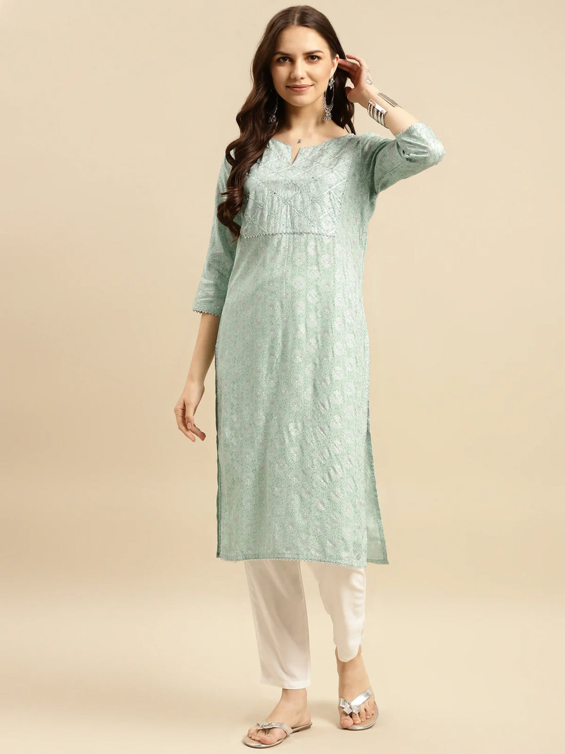 Buy Rayon Embellished Yoke Calf Length Straight Kurta-Mint Green