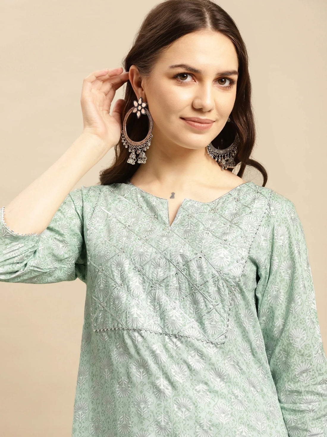 Buy Rayon Embellished Yoke Calf Length Straight Kurta-Mint Green