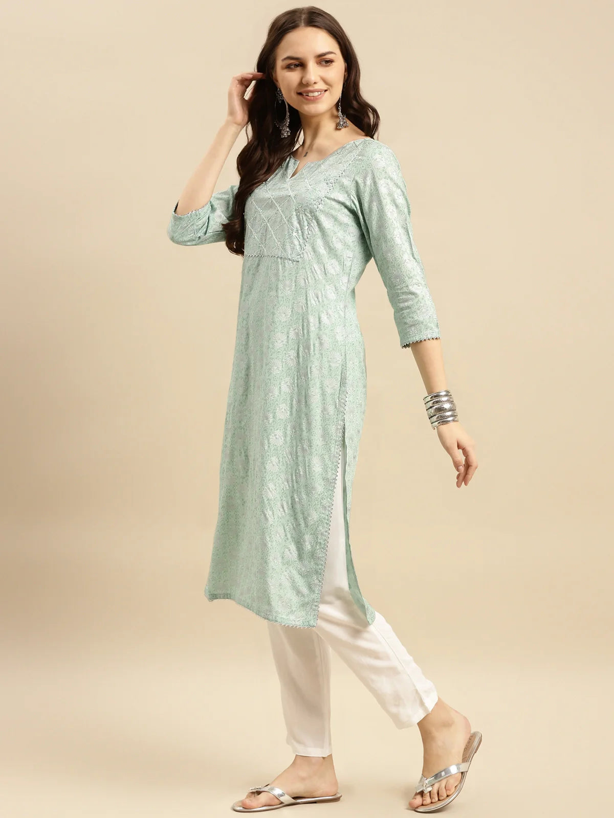 Buy Rayon Embellished Yoke Calf Length Straight Kurta-Mint Green