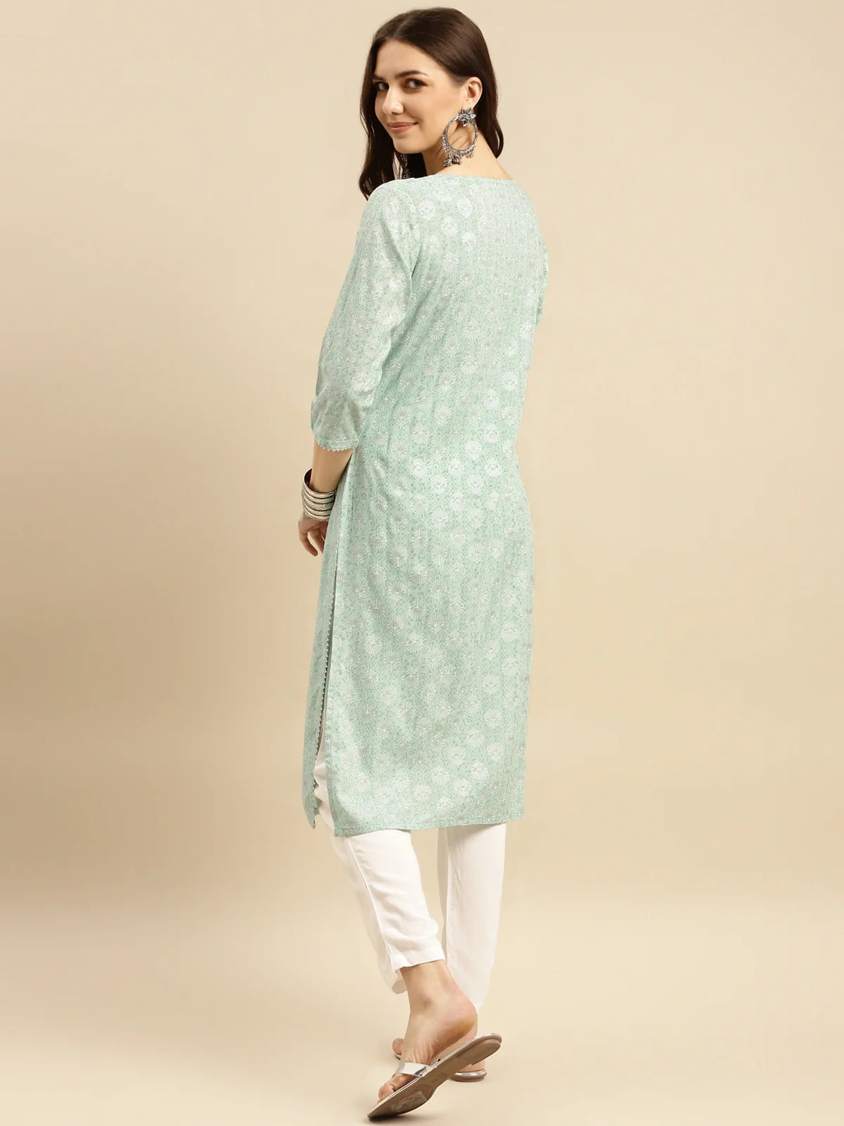 Buy Rayon Embellished Yoke Calf Length Straight Kurta-Mint Green