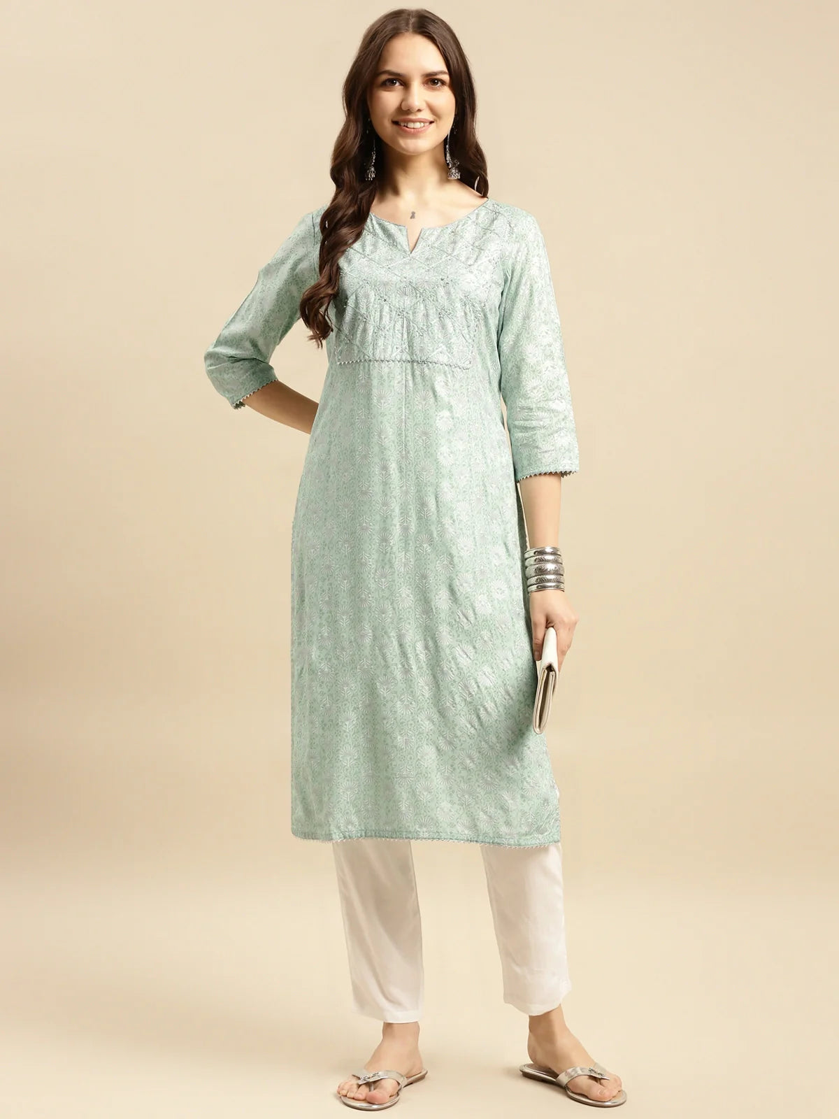 Buy Rayon Embellished Yoke Calf Length Straight Kurta-Mint Green